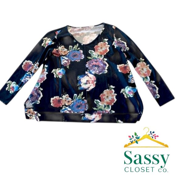 Soft Surroundings Tops - Soft Surroundings Black Floral V‑Neck Blouse Relaxed Fit Long Sleeve XS Made USA